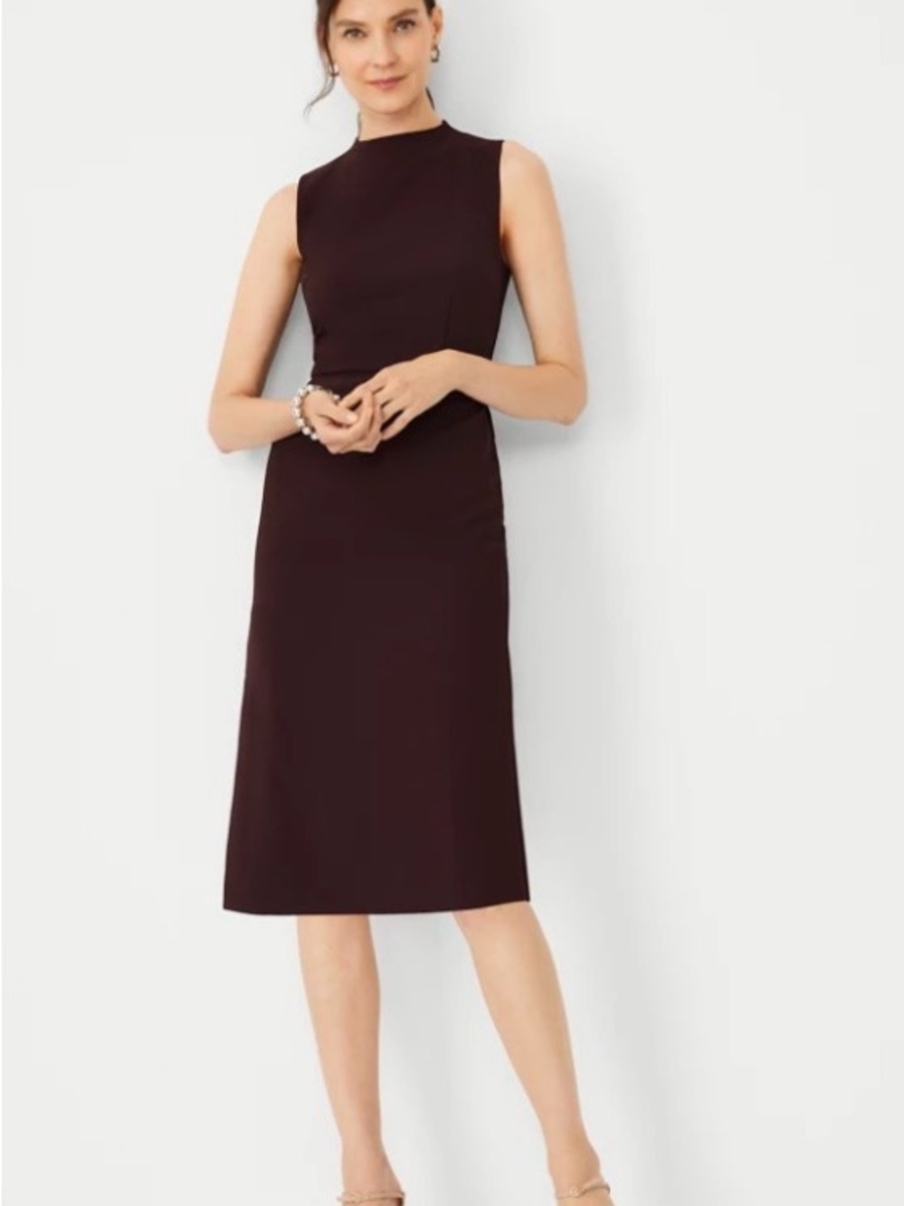 Ann Taylor Sleeveless Mock Neck Midi Dress in Midnight Fig